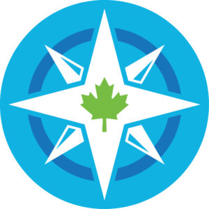Road to Mental Readiness logo, a blue and white compass with a green maple leaf in the centre. | L'image de marque du programme En route vers la préparation mentale, une boussole bleue et blanche avec une feuille d'érable verte au centre.