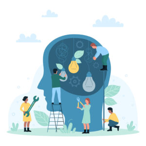 Animated photo of a group of people fixing the mind of a a big head.