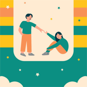 Un homme tend la main à une femme qui est triste. Campagne anti-intimidation