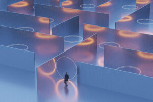 Businessman walking into mysterious maze, 3D generated image. |