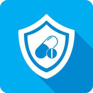 Vector illustration of a shield with pills icon against a blue background in flat style. |