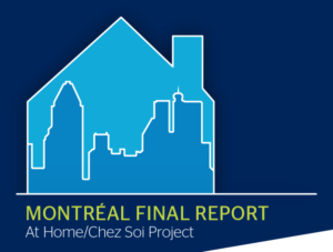 On a dark blue background, there is the outline of a house. Inside the house is a skyline. The sky is blue and the building are green. Beneath the house is the title of the report, "Winnipeg Final Report. At Home / Chez Soi Project".