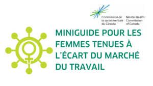 L’image a un fond blanc. À gauche, on trouve une icône jaune de la coronavirus (un cercle entouré par des pics, semblable à un vieux gouvernail). Au centre de l’icône apparait le symbole pour les femmes des anciens grecs, un cercle en haut et un symbole plus en dessous. À droit de tous ses symboles, on lit le titre du document en texte vert foncé, « Miniguide pour les femmes tenues à l''écart du marché du travail ». Dans la coin supérieure droit, on trouve l’image de marque de la Commission de la santé mentale du Canada, une étincelle avec des lignes bleu et vert.