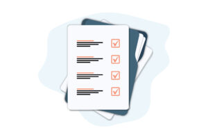 Documents folder with paper sheets. Flat illustration of folder with checklist icon for web. Contract papers. Document. Folder with stamp and text. Contract signing