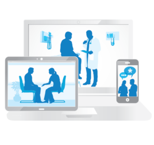 A doctor is shown interacting with a patient on a computer screen, on a tablet screen, and on the screen of a smartphone. | Un médecin est montré en train d'interagir avec un patient sur un écran d'ordinateur, sur un écran de tablette et sur l'écran d'un smartphone.