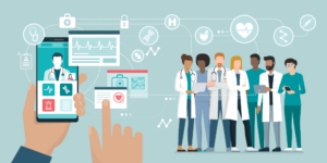 Medical team and healthcare app stock illustration