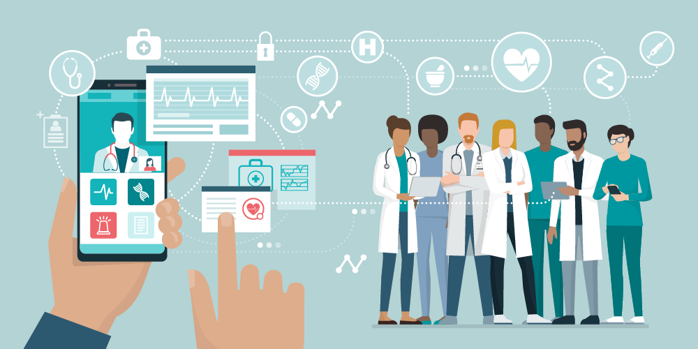 Medical team and healthcare app stock illustration