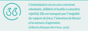Sur un fond sarcelle clair, on lit un texte en sarcelle foncé, « L’intimidation est un acte conscient, volontaire, délibéré et hostile à caractère répétitif. Elle est marquée par l’inégalité du rapport de force, l’intention de blesser et la menace d’agression ». La citation est attribuée à l’Alberta Human Services, 2015. À gauche, on trouve un guillemet en sarcelle foncé pour souligner l’idée d’une citation.