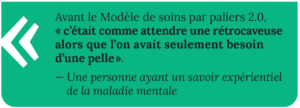 Sur un fond vert moyen, la citation suivante est attribuée à une personne ayant un savoir expérientiel : « Avant le Modèle de soins par paliers 2.0, on avait l’impression d’attendre une rétrocaveuse alors qu’on n’avait besoin que d’une pelle ».