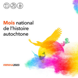 Image en français pour Instagram avec 3 illustrations : un aigle qui représente les Premières Nations, un narval qui représente les Inuit et un violon qui représente les Métis. Ces illustrations sont placées autour du soleil et entourées par une fumée multicolore qui rappelle la tradition, la spiritualité autochtone, l'inclusion et la diversité. Texte français : Mois national de l'histoire autochtone #MNHA2023