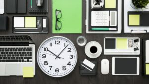 Productivity Tools: a clock, a calendar, a notepad, glasses, and more.