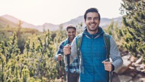 Two young mean on a hike