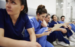 Female nurse examining medical records