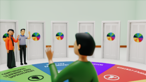 One person waves to two others while surrounded by doors.