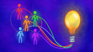 An interconnected group of people powering a lightbulb