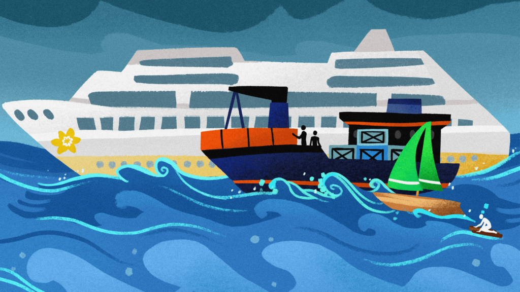 a boat on choppy waters with a man on a raft and another boat beside it