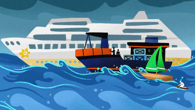 a boat on choppy waters with a man on a raft and another boat beside it