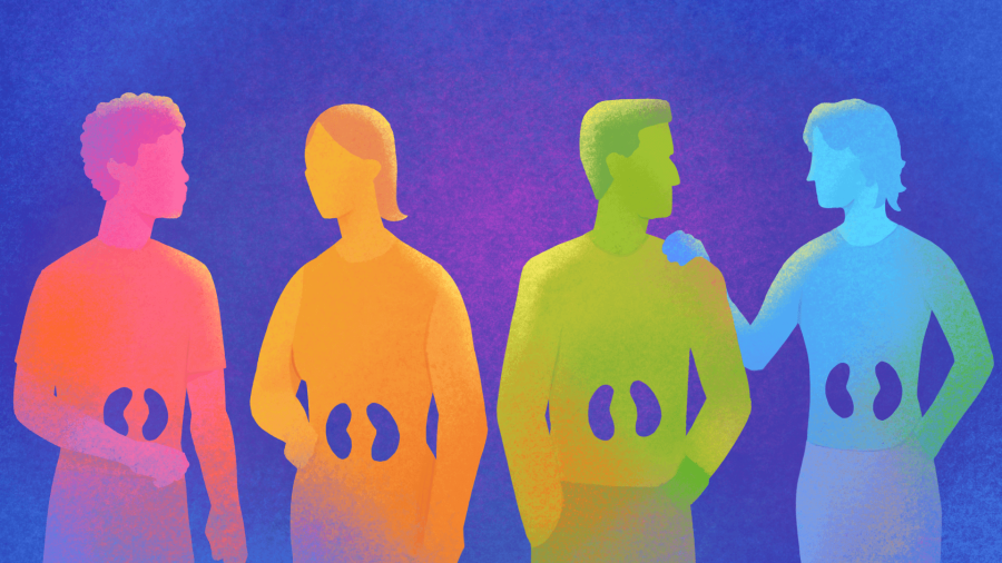 Quatre personnes debout ensemble ayant manqué leurs reins