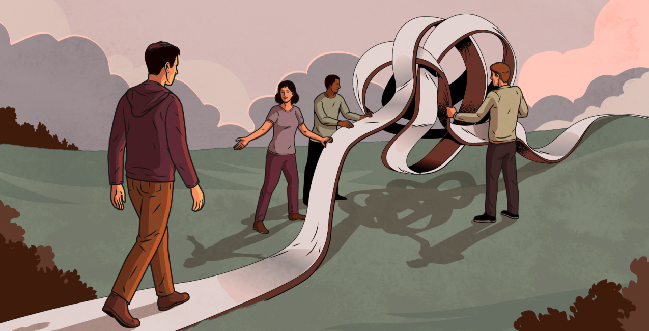 Illustration de personnes démêlant une route pour permettre à leur ami de s'y orienter.