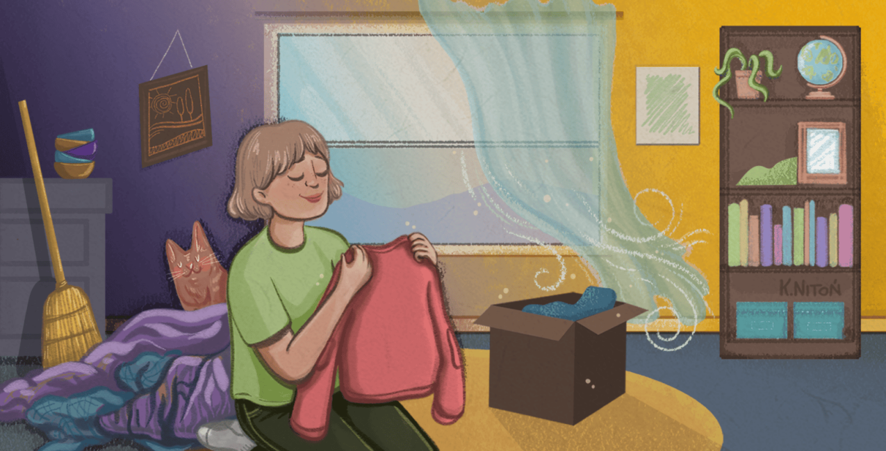 Illustration d'une personne trouvant la paix intérieure en faisant le ménage.