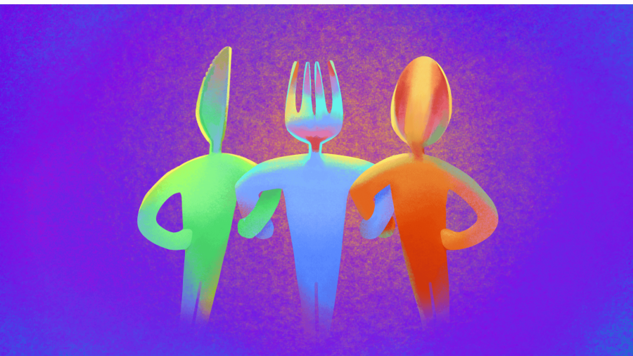 Un couteau, une fourchette et une cuillère relient les bras